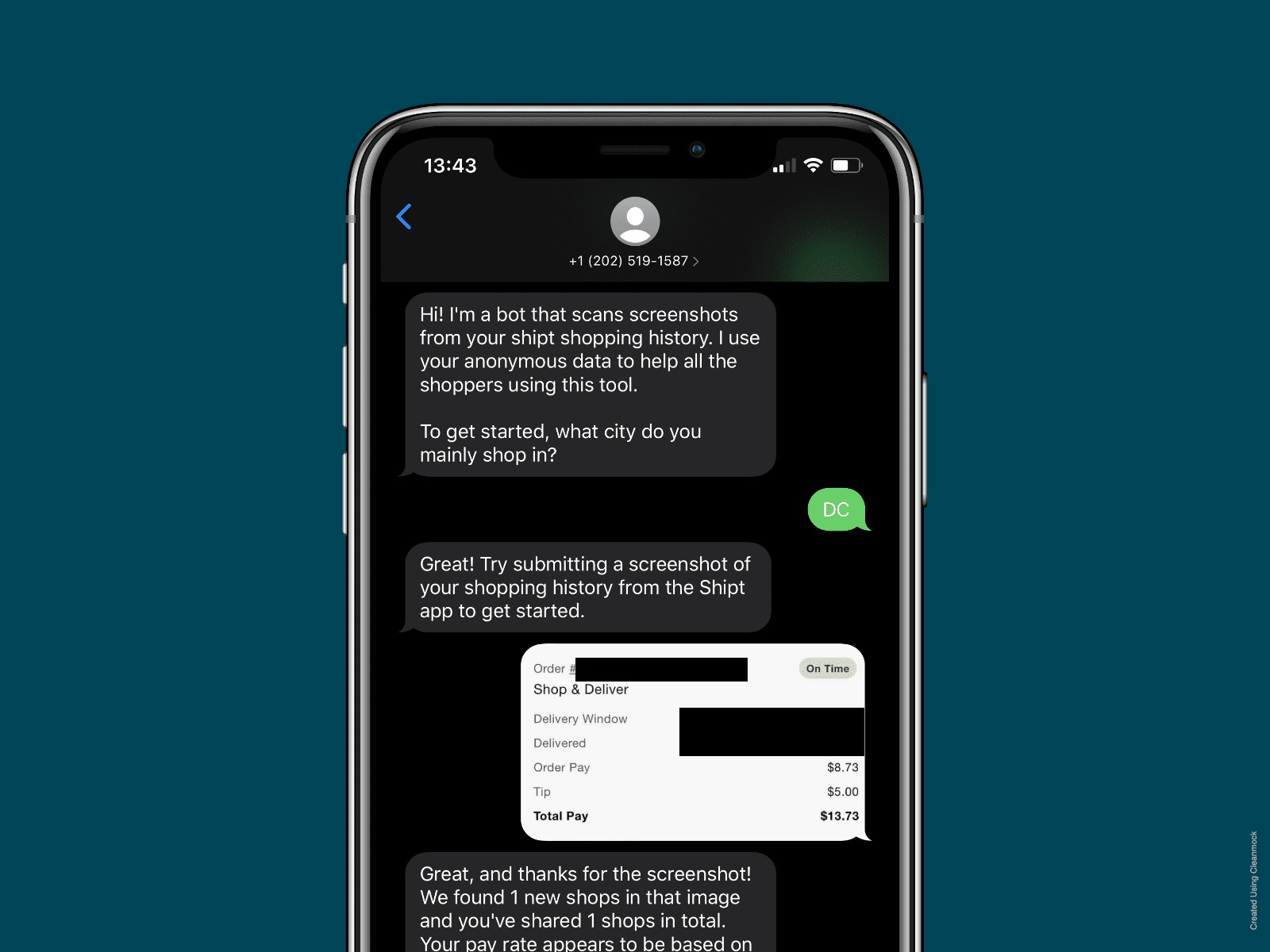 Screenshot of SMS chatbot developed for Shipt Shoppers to calculate wages.